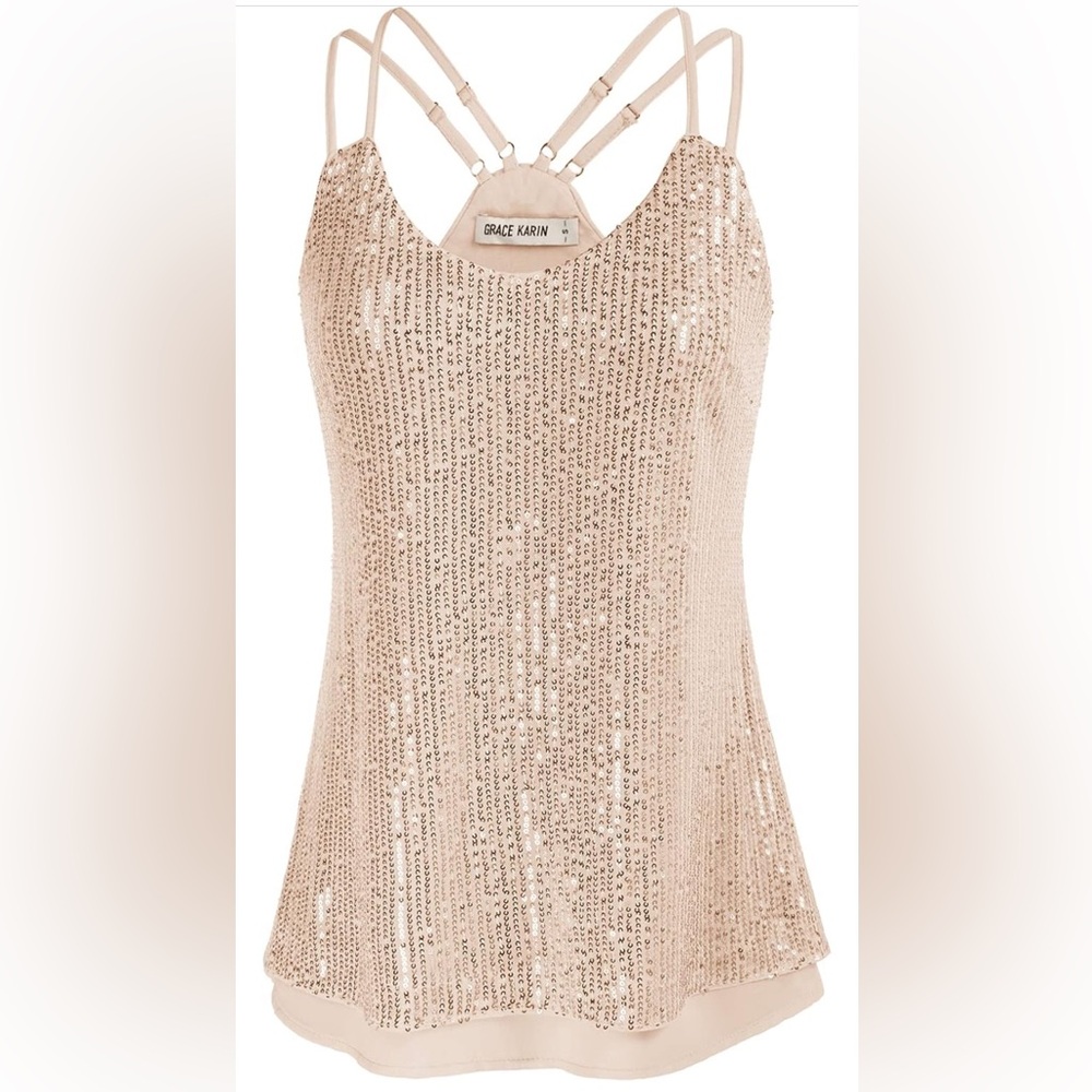GRACE KARIN Sparkle Shimmer Camisole Double Strap Sequin Tank Top Large